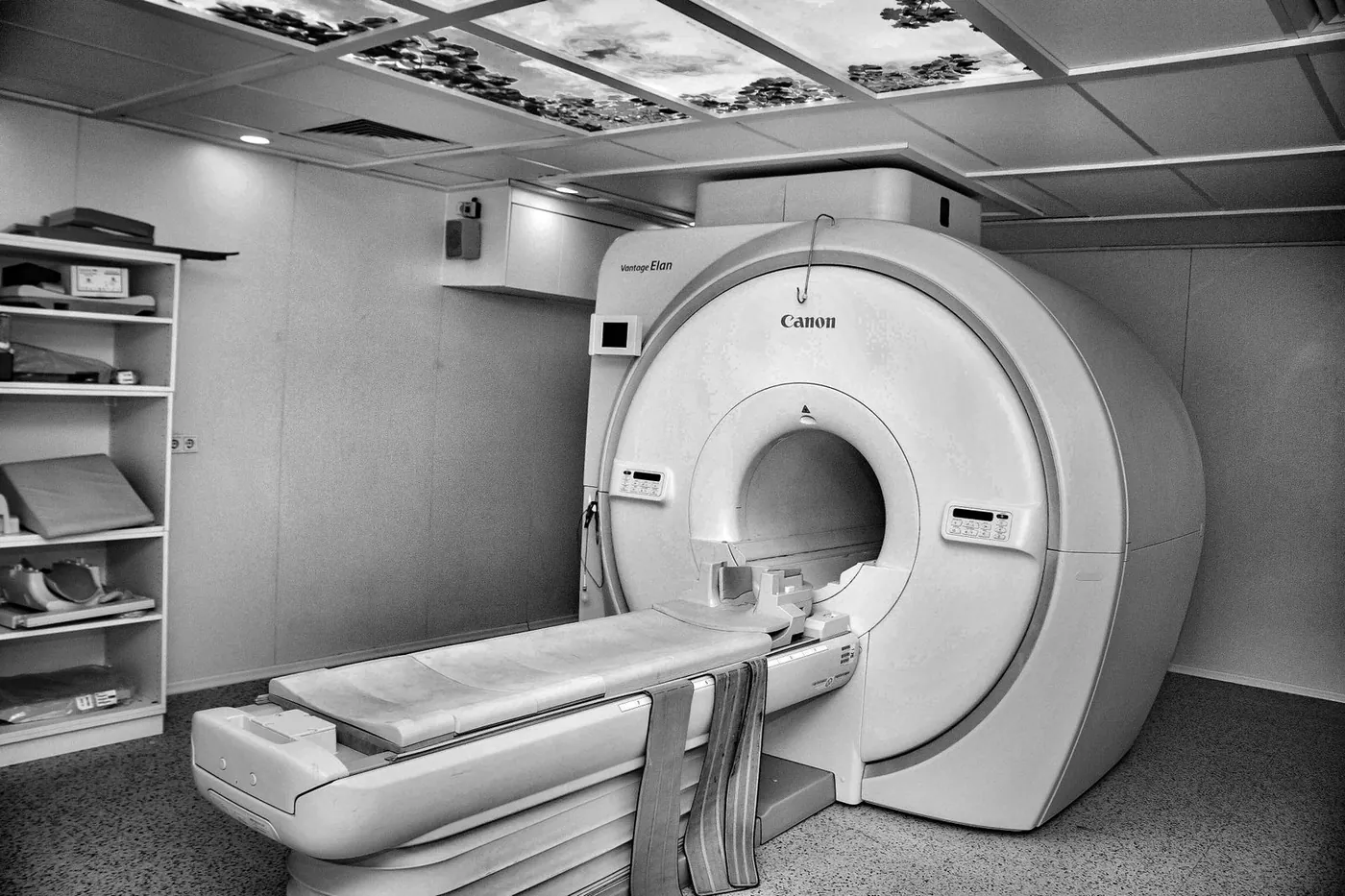 An MRI scanner in a hospital imaging room